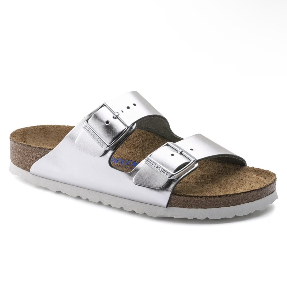 BIRKENSTOCK ARIZONA SOFT FOOTBED SANDALS IN METALLIC SILVER 37 6 - Picture 5 of 13